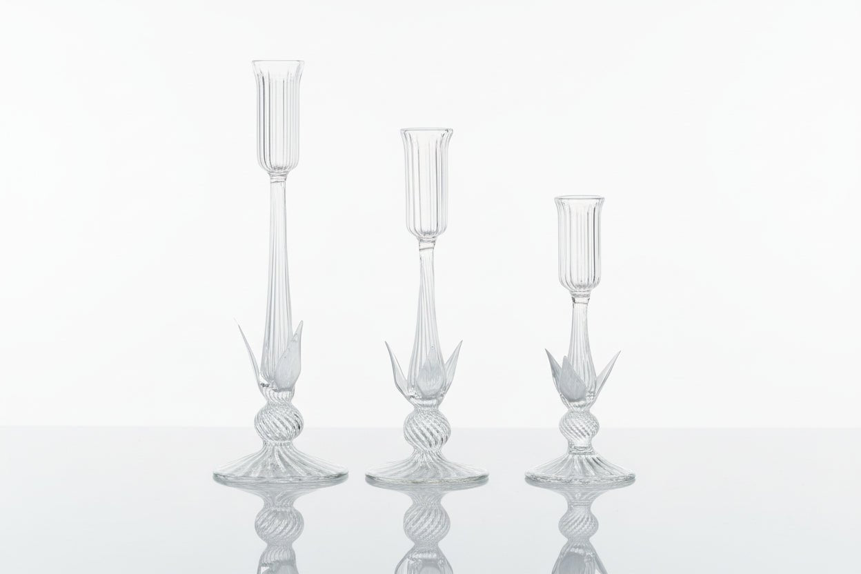Hand Blown Clear Glass Candlestick Holders – Artisan Ribbed Candle Stands