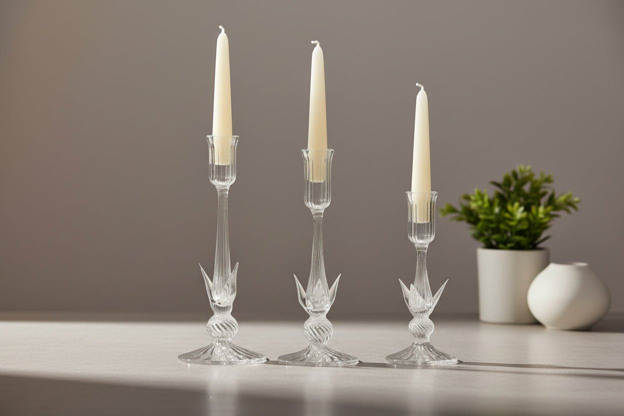 Hand Blown Clear Glass Candlestick Holders – Artisan Ribbed Candle Stands
