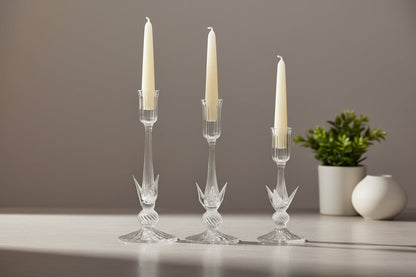 Hand Blown Clear Glass Candlestick Holders – Artisan Ribbed Candle Stands