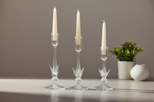 Hand Blown Clear Glass Candlestick Holders – Artisan Ribbed Candle Stands