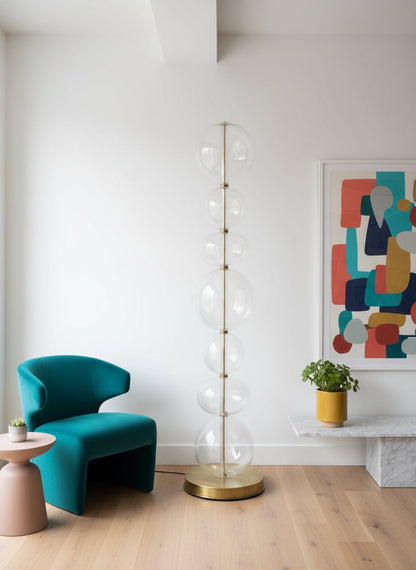 Hand-Blown Clear Glass Floor Lamp with Marble Base and Vertical LED