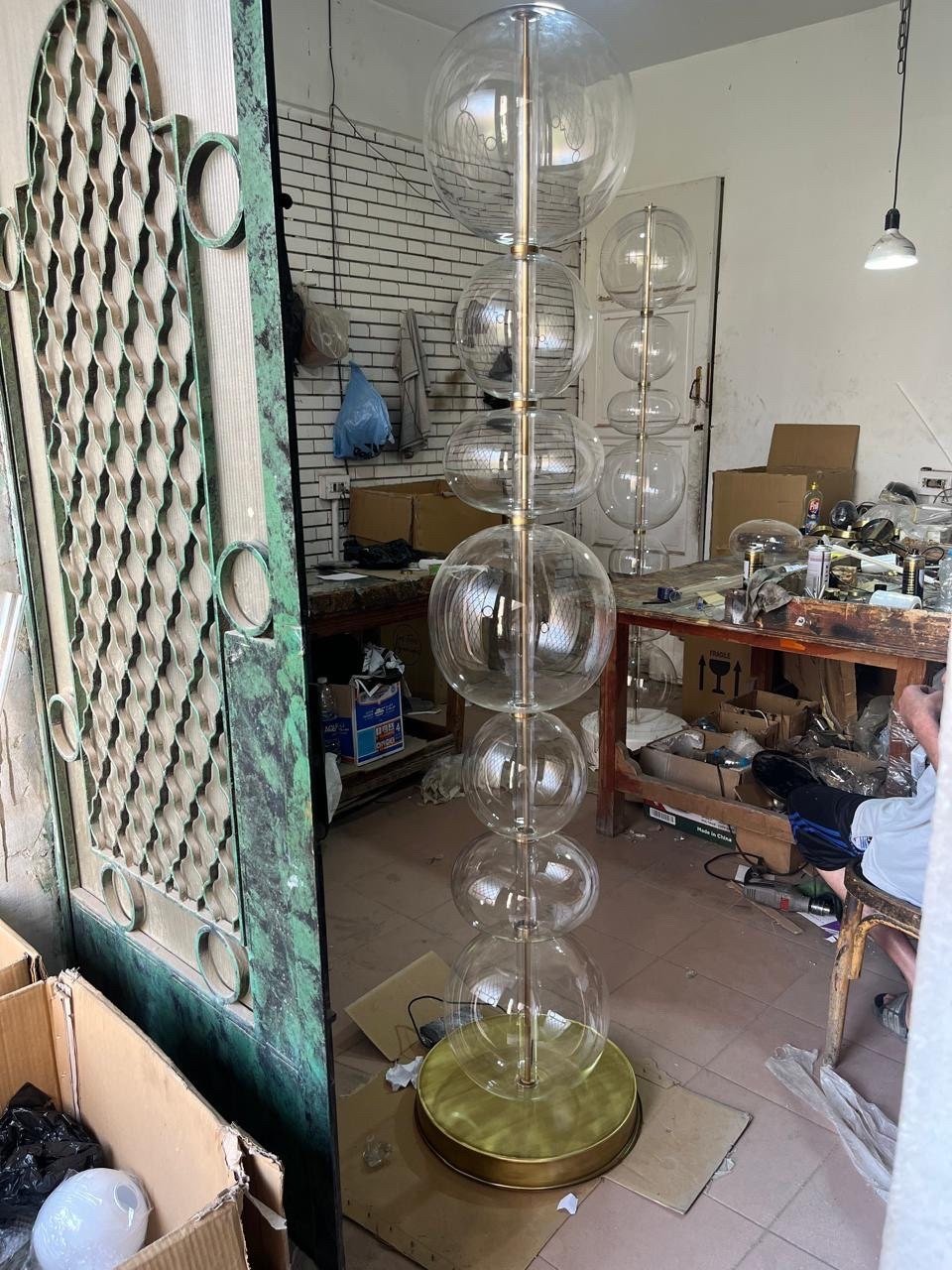 Hand-Blown Clear Glass Floor Lamp with Marble Base and Vertical LED