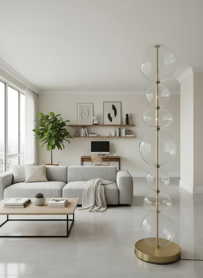 Hand-Blown Clear Glass Floor Lamp with Marble Base and Vertical LED