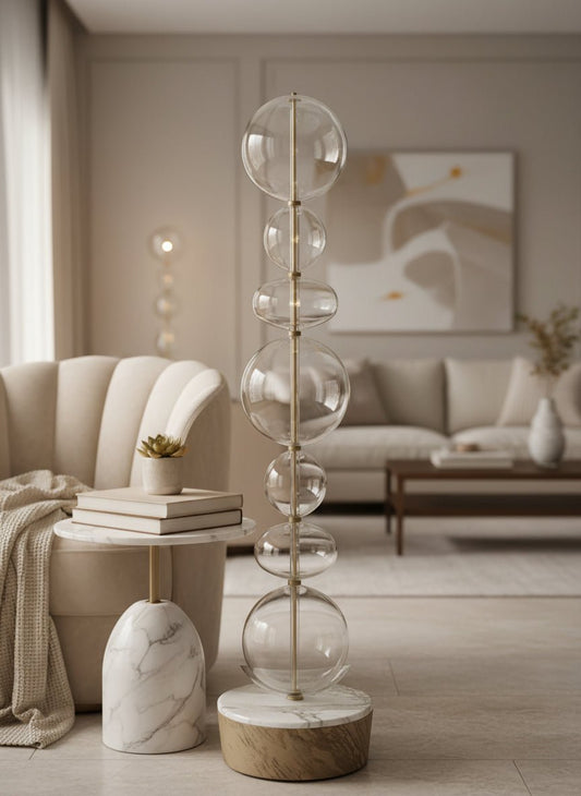 Hand-Blown Clear Glass Floor Lamp with Marble Base and Vertical LED