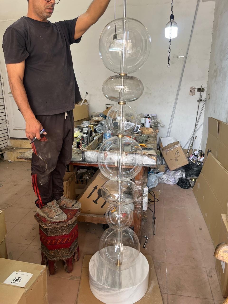 Hand-Blown Clear Glass Floor Lamp with Marble Base and Vertical LED