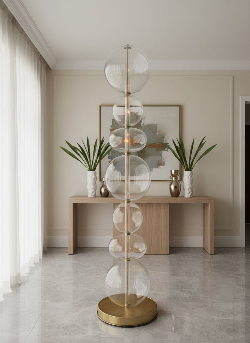 Hand-Blown Clear Glass Floor Lamp with Marble Base and Vertical LED
