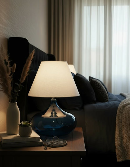 Hand-Blown Concave Circle Blue Glass Table Lamp | Artisan Glass Lamp with Cream Shade