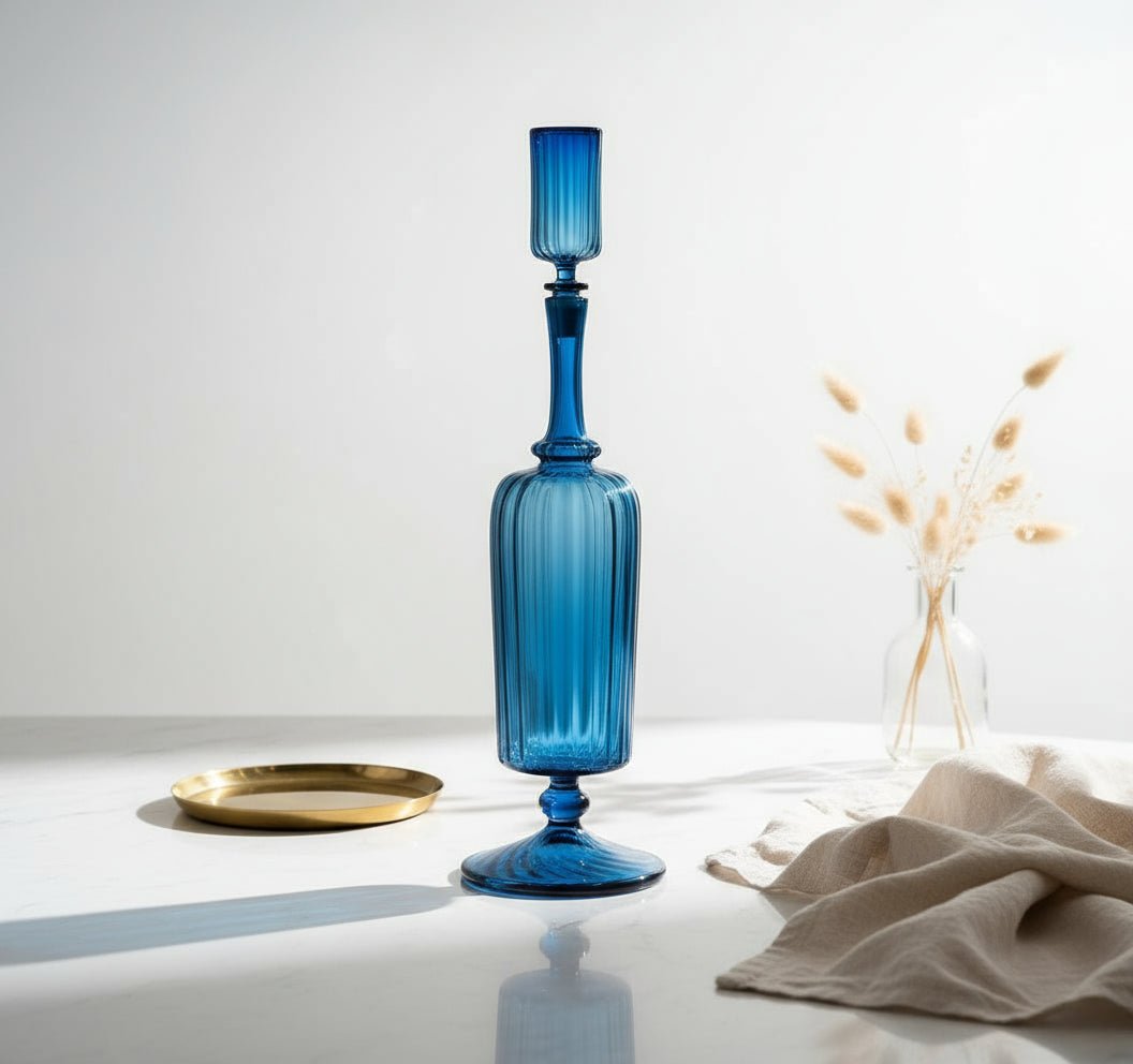 Big blue decanter coffee table in a living room with a blue vase, black vase, and green plant.