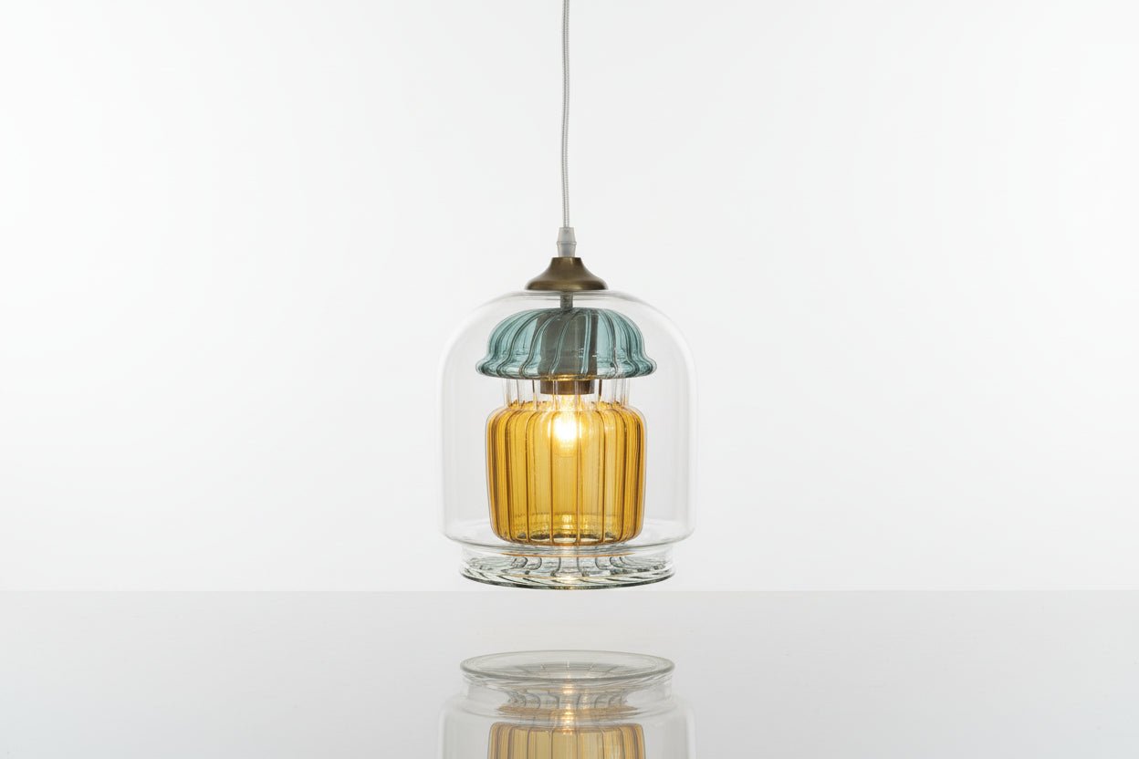 Hand Blown Double Layer Glass Pendant Light – Amber Inner Hanging Lamp