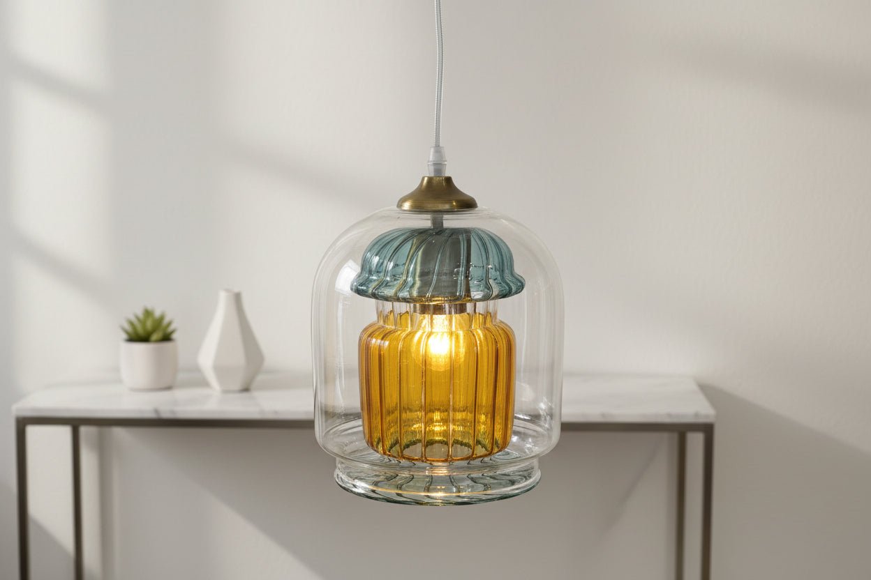 Hand Blown Double Layer Glass Pendant Light – Amber Inner Hanging Lamp