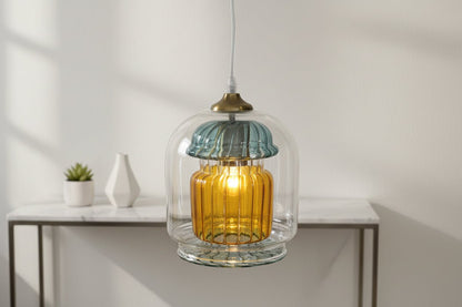 Hand Blown Double Layer Glass Pendant Light – Amber Inner Hanging Lamp