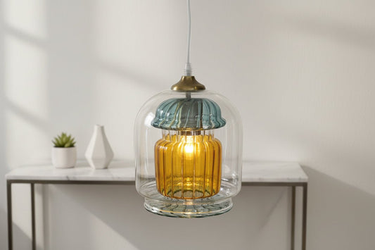 Hand Blown Double Layer Glass Pendant Light – Amber Inner Hanging Lamp