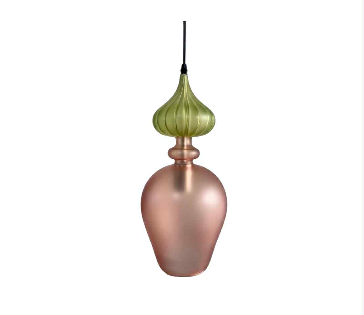 Hand-Blown Frosted Glass Pendant in Copper Rose with Olive Green Top