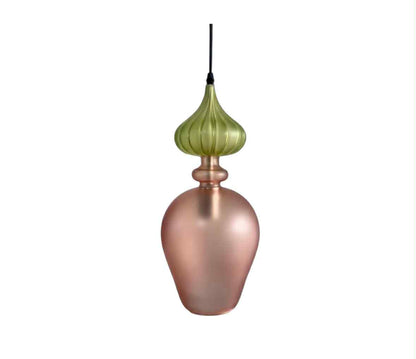 Hand-Blown Frosted Glass Pendant in Copper Rose with Olive Green Top