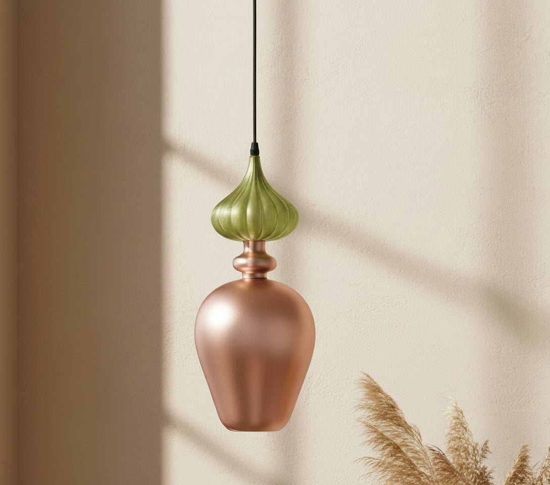 Hand-Blown Frosted Glass Pendant in Copper Rose with Olive Green Top