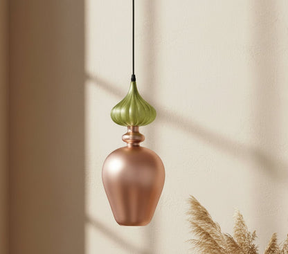 Hand-Blown Frosted Glass Pendant in Copper Rose with Olive Green Top