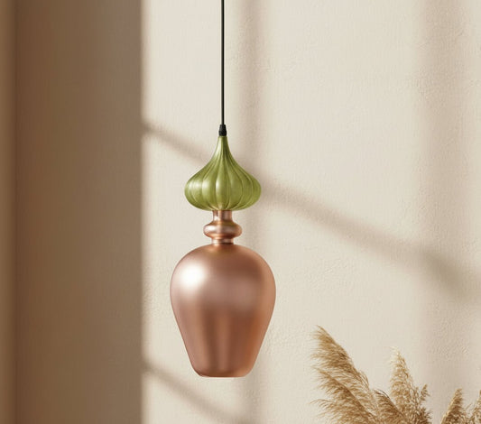 Hand-Blown Frosted Glass Pendant in Copper Rose with Olive Green Top