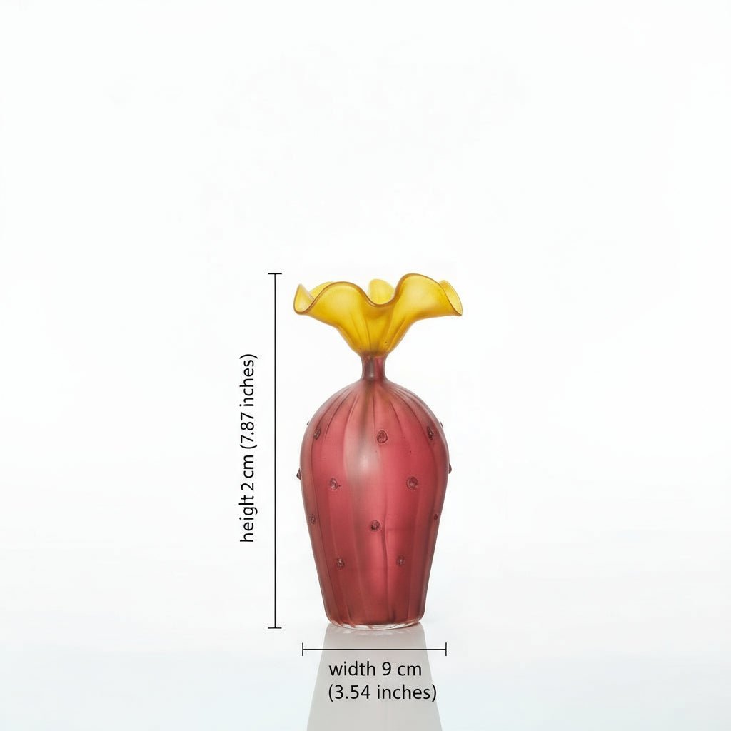 Hand-Blown Frosted Ruby and Yellow Glass Vase – Unique Ruffled Top Decorative Centerpiece