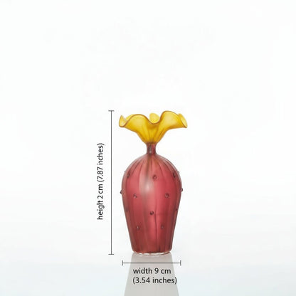 Hand-Blown Frosted Ruby and Yellow Glass Vase – Unique Ruffled Top Decorative Centerpiece