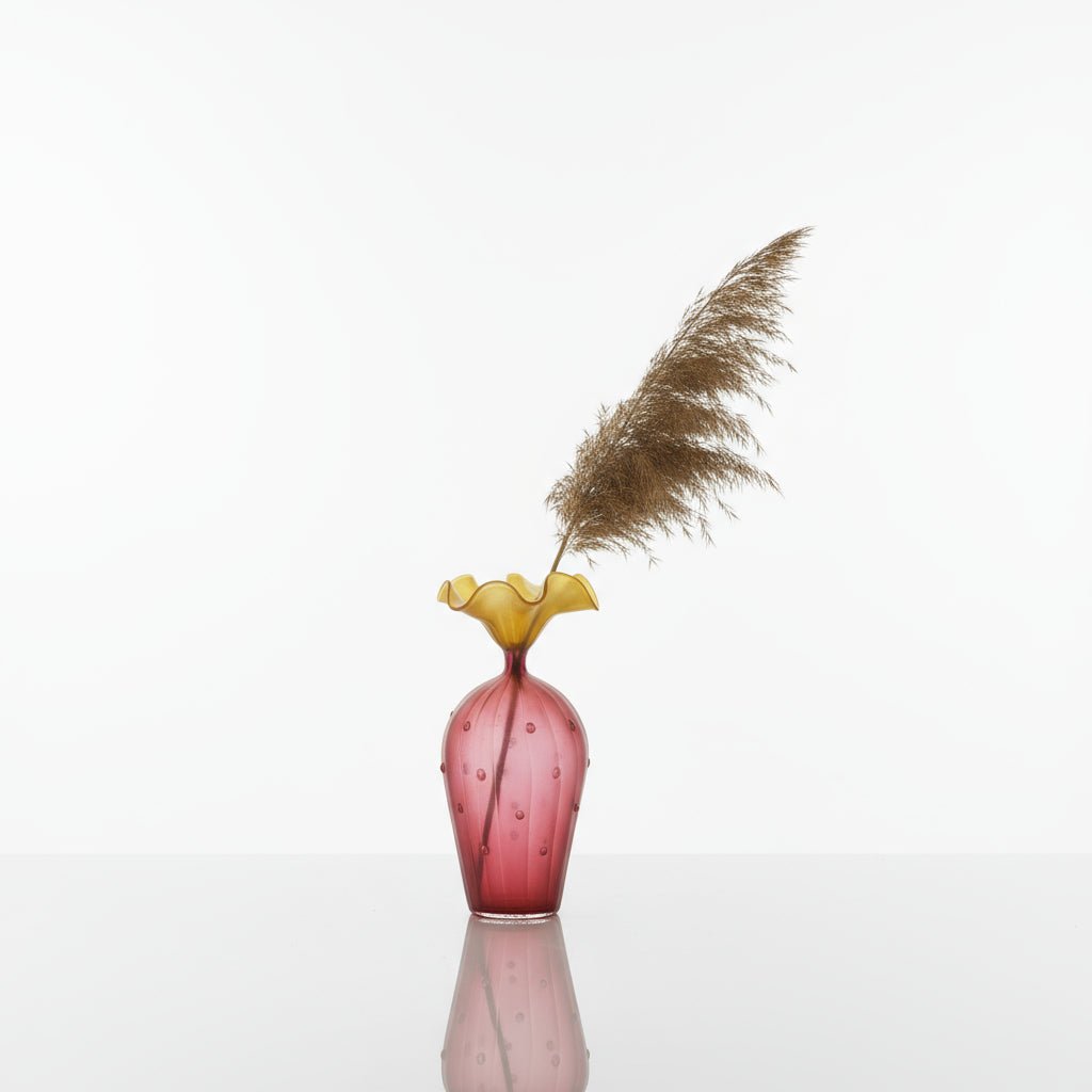 Hand-Blown Frosted Ruby and Yellow Glass Vase – Unique Ruffled Top Decorative Centerpiece