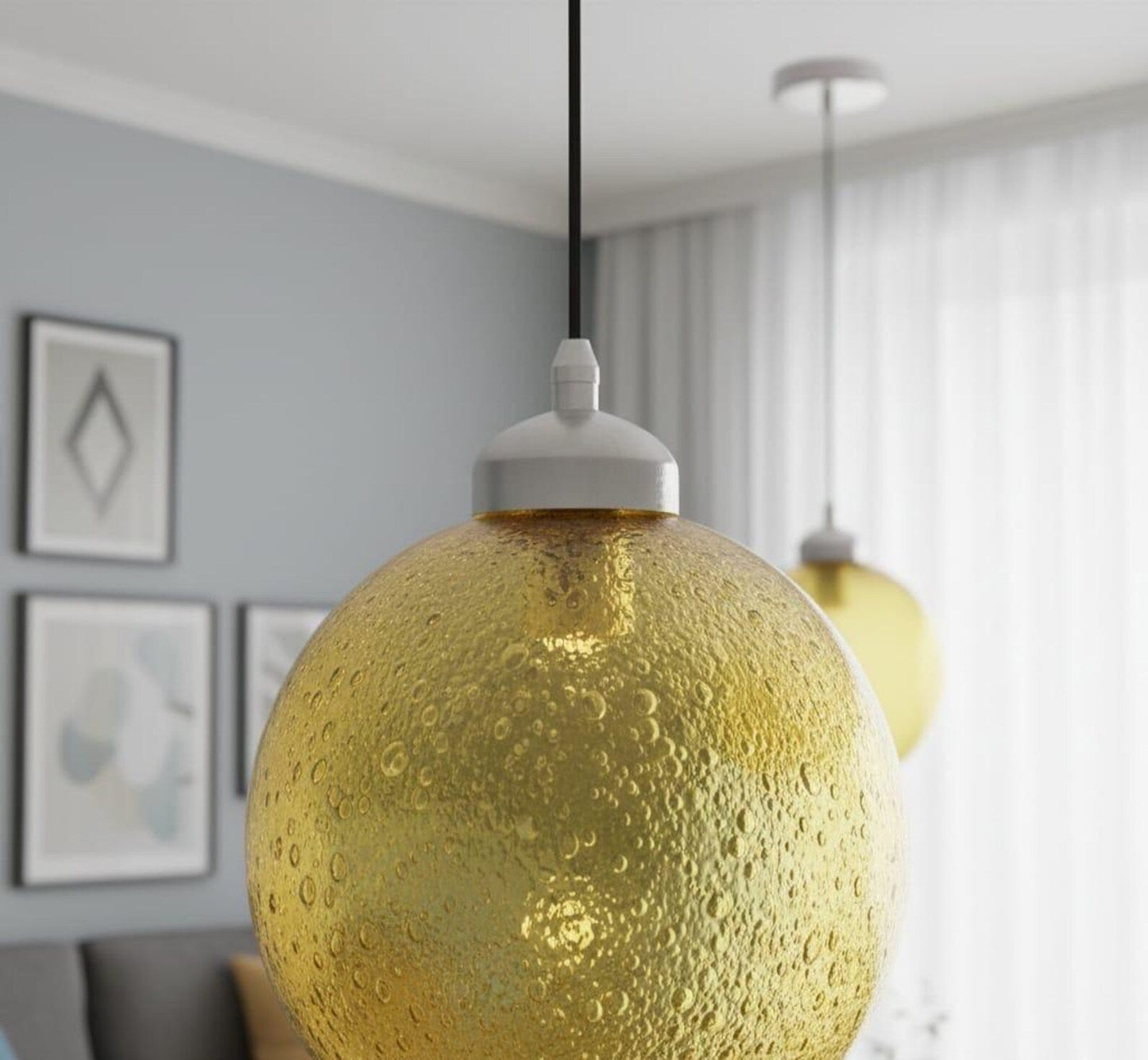 Hand Blown Textured Yellow Glass Pendant - Les Trois Pyramides