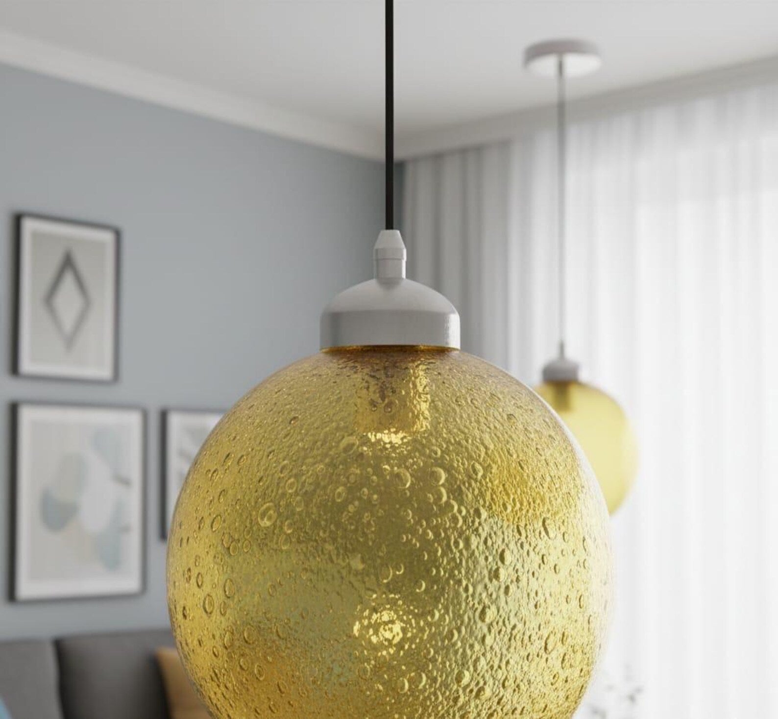 Hand Blown Textured Yellow Glass Pendant - Les Trois Pyramides