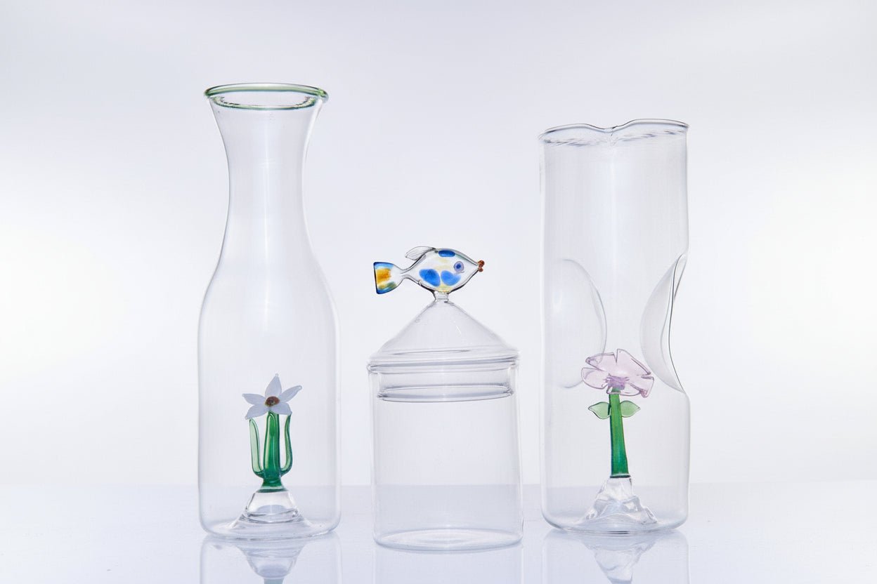 Hand Blown Glass Bedside Water Carafe with White Flower Detail