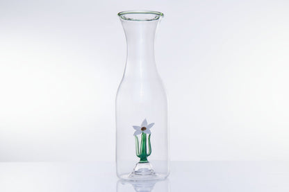 Hand Blown Glass Bedside Water Carafe with White Flower Detail