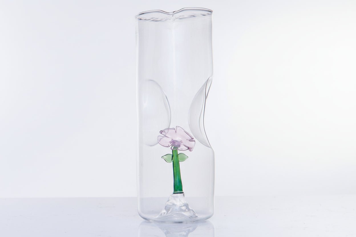 Hand Blown Glass Bedside Water Carafe with White Flower Detail