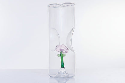 Hand Blown Glass Bedside Water Carafe with White Flower Detail