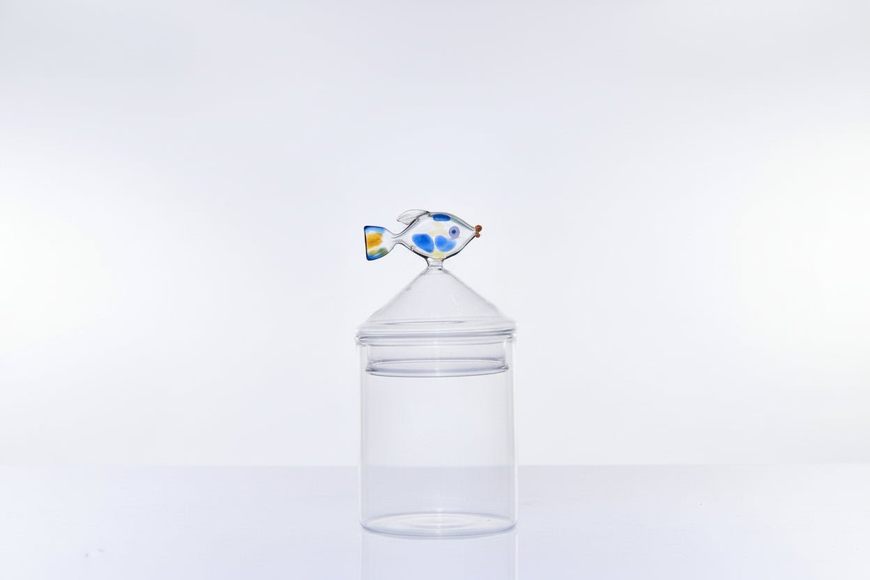 Hand Blown Glass Bedside Water Carafe with White Flower Detail