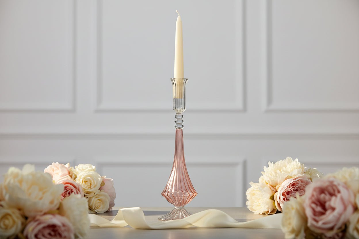 Hand Blown Glass Candlestick Holders with Ribbed Stem and Clear Details
