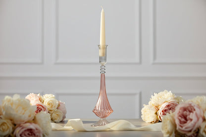 Hand Blown Glass Candlestick Holders with Ribbed Stem and Clear Details