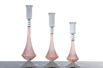 Hand Blown Glass Candlestick Holders with Ribbed Stem and Clear Details