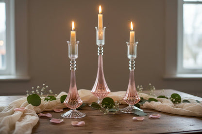 Hand Blown Glass Candlestick Holders with Ribbed Stem and Clear Details