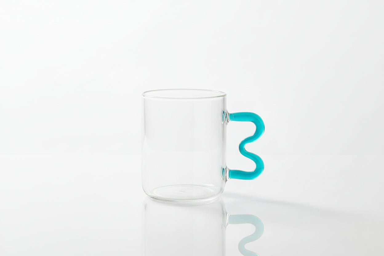 Hand Blown Glass Coffee Mug with Colored Handle – Handmade Clear Glass Cup