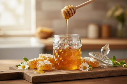 Hand Blown Glass Honey Jar with Lid – Artisan Honey Storage Bottle