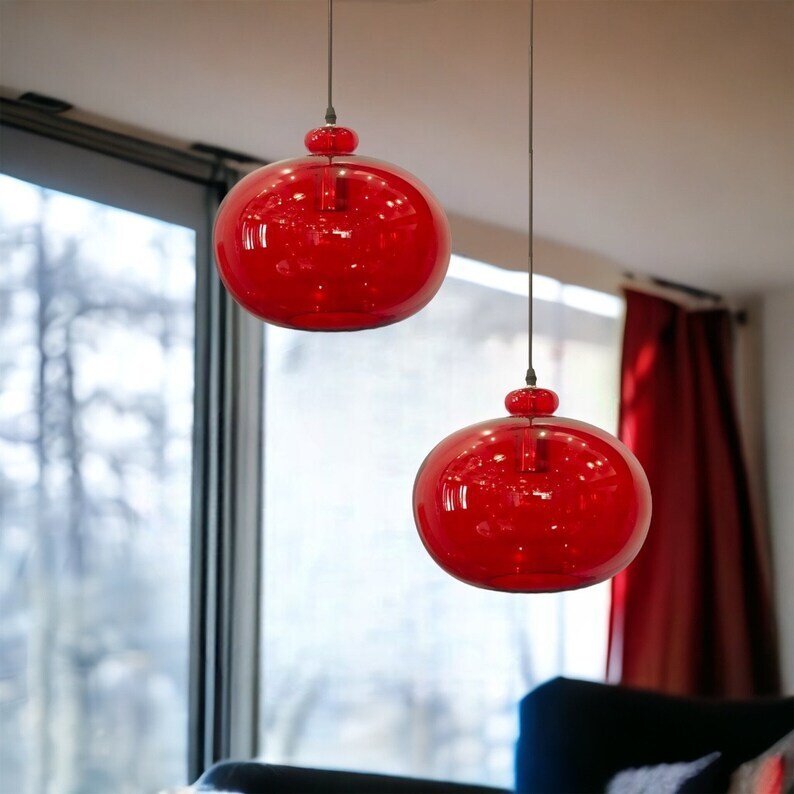 Two Red Hand Blown Glass Pendant in living room - Les Trois Pyramides