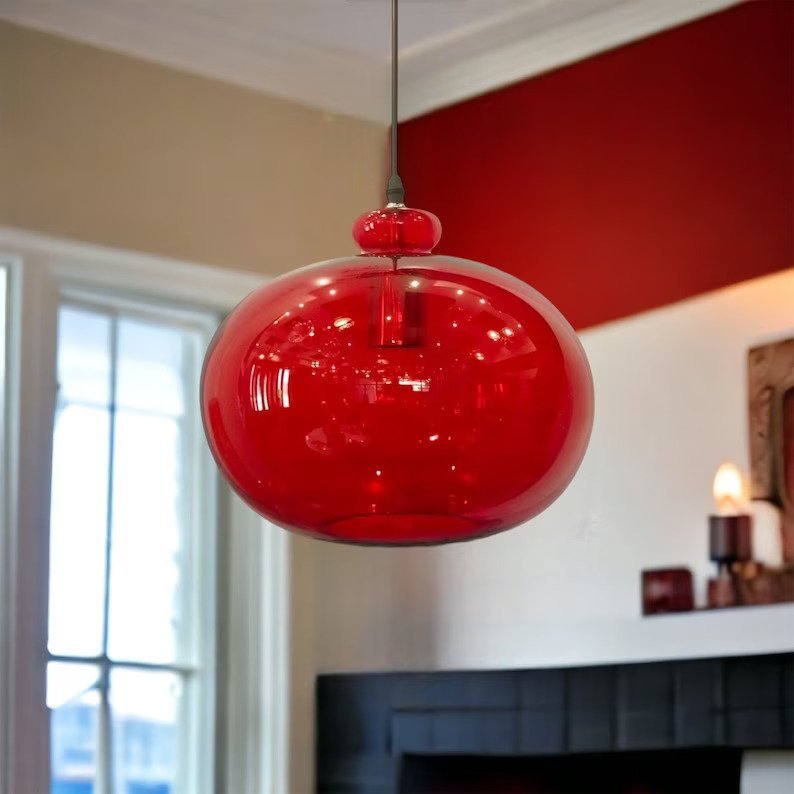 Red Hand Blown Glass Pendant in living room - Les Trois Pyramides