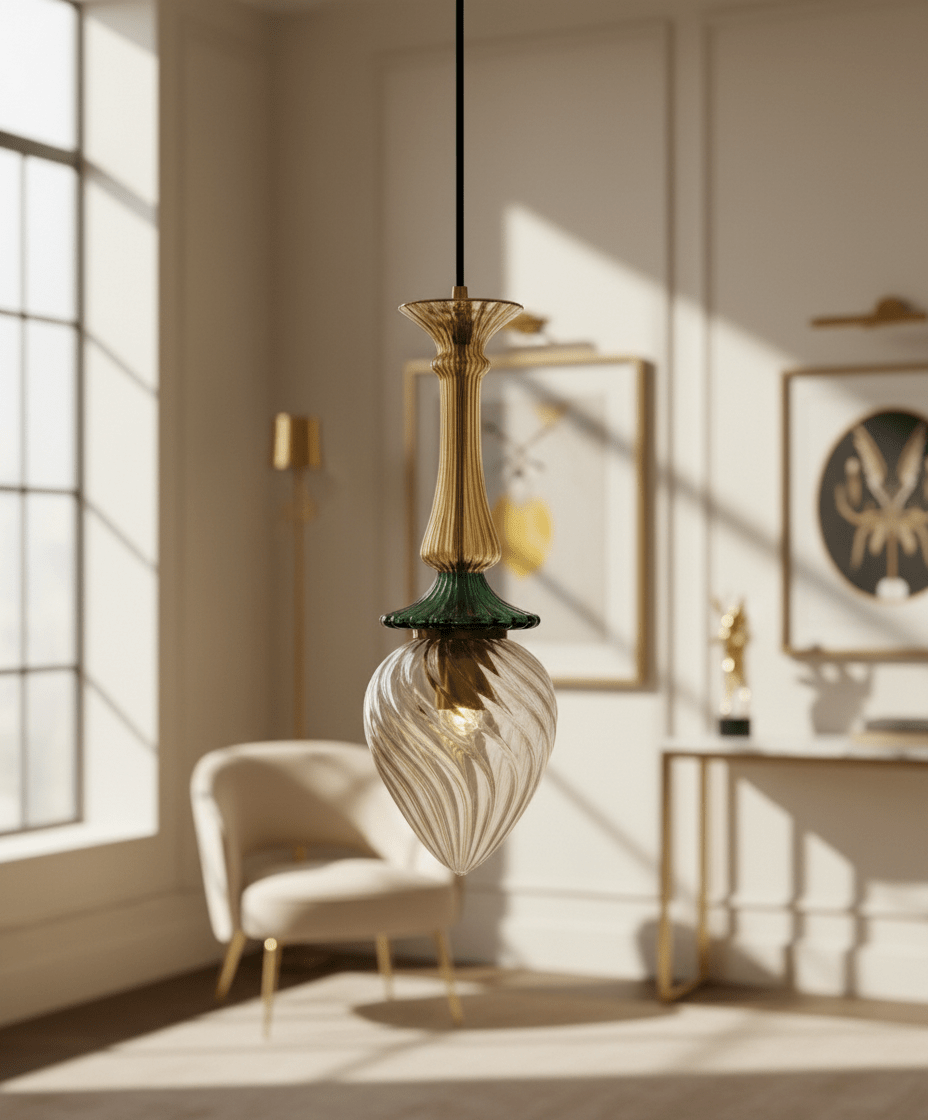 Hand-Blown Glass Pendant Light | Gold and Green Drop Design
