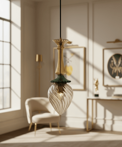 Hand-Blown Glass Pendant Light | Gold and Green Drop Design