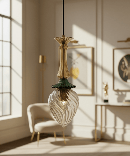 Hand-Blown Glass Pendant Light | Gold and Green Drop Design
