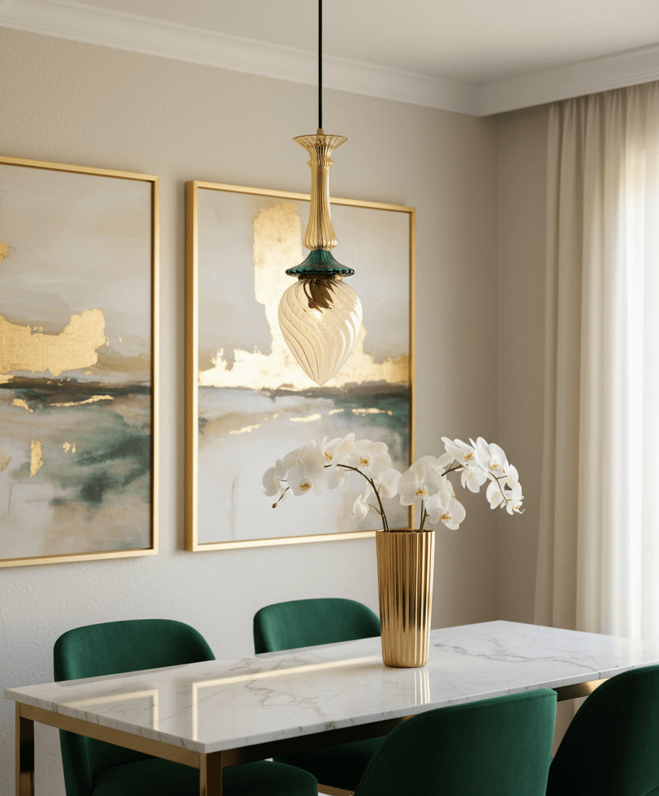 Hand-Blown Glass Pendant Light | Gold and Green Drop Design