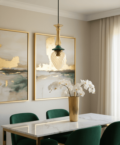 Hand-Blown Glass Pendant Light | Gold and Green Drop Design