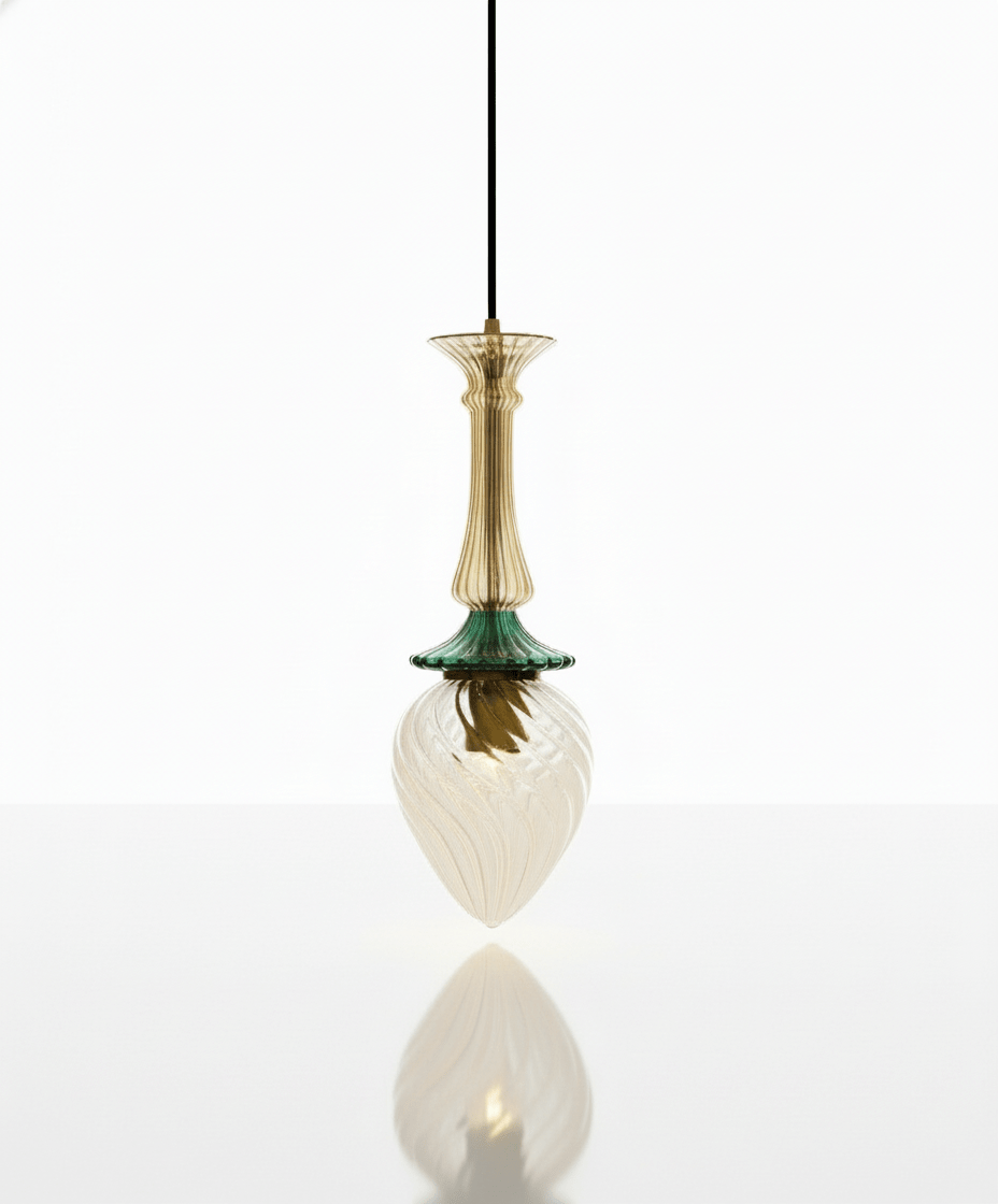 Hand-Blown Glass Pendant Light | Gold and Green Drop Design