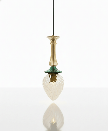 Hand-Blown Glass Pendant Light | Gold and Green Drop Design