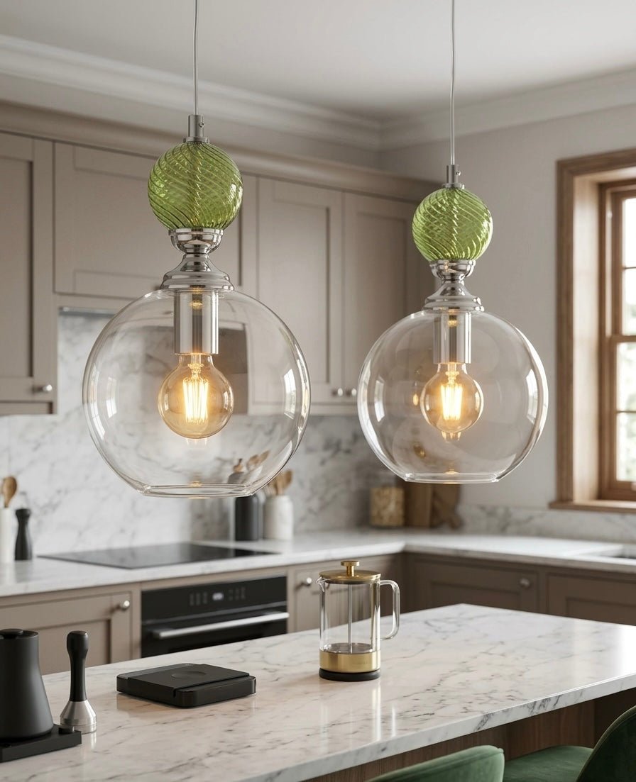Modern kitchen with pendant lights featuring green and clear glass shades - Les Trois Pyramides