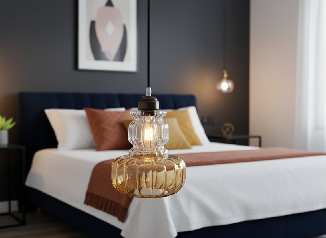 Hand-Blown Glass Pendant Light with Ribbed Clear Top and Warm-Tone Base