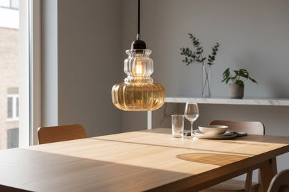 Hand-Blown Glass Pendant Light with Ribbed Clear Top and Warm-Tone Base