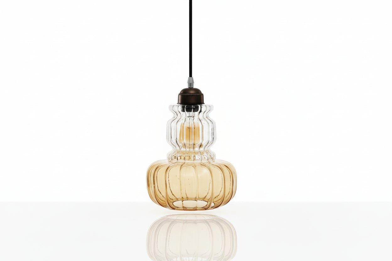 Hand-Blown Glass Pendant Light with Ribbed Clear Top and Warm-Tone Base